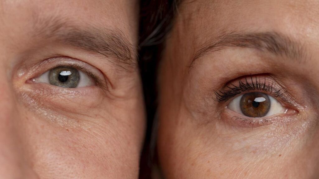 Zoom de hombre y mujer con arrugas en el contorno del ojo
